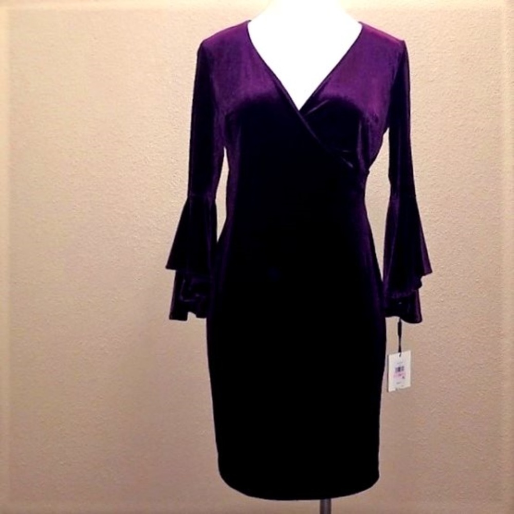 Calvin Klein Purple Velvet Bell-Sleeve Wrap Dress